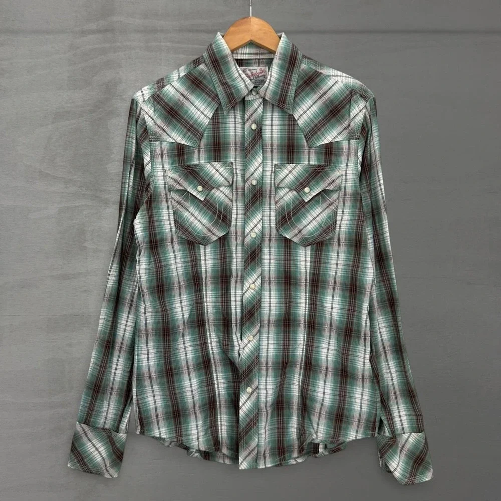 True Religion Western Pearl Snap Shirt Green Brown Plaid Long Sleeve Medium